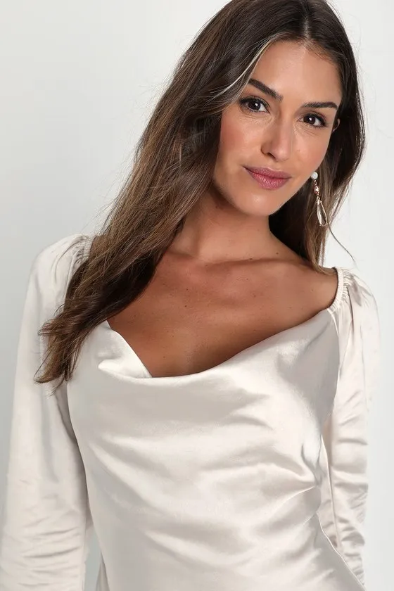 Sensational Fate Champagne Satin Cowl Neck Mini Dress sold by Lulus product image thumbnail 3