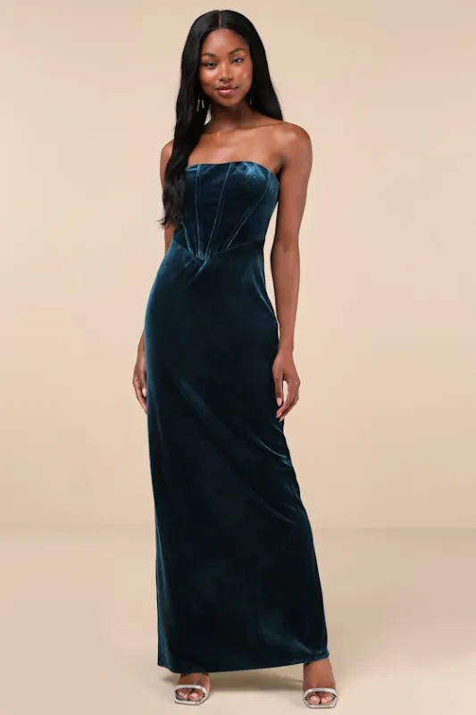 Regal Affect Teal Blue Velvet Bustier Strapless Maxi Dress sold by Lulus