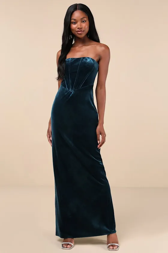 Regal Affect Teal Blue Velvet Bustier Strapless Maxi Dress sold by Lulus