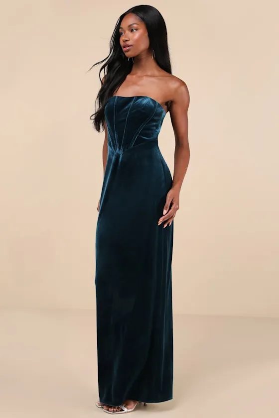 Regal Affect Teal Blue Velvet Bustier Strapless Maxi Dress sold by Lulus product image thumbnail 3