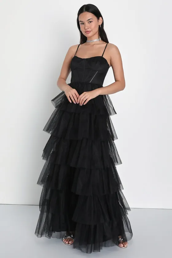 Rule the Runway Black Tulle Bustier Tiered Maxi Dress sold by Lulus