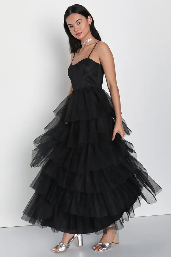 Rule the Runway Black Tulle Bustier Tiered Maxi Dress sold by Lulus product image thumbnail 3