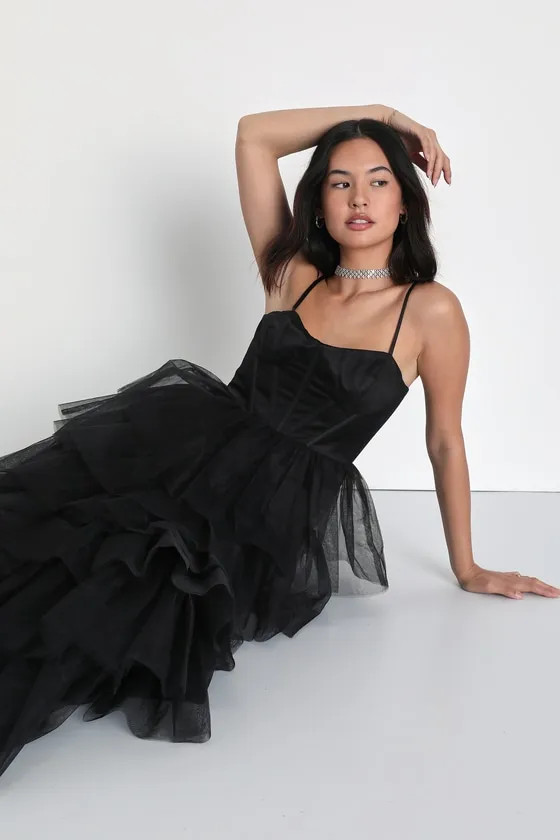 Rule the Runway Black Tulle Bustier Tiered Maxi Dress sold by Lulus product image thumbnail 4