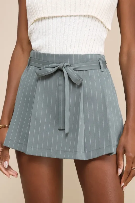 Bound to Charm Sage Green Pinstriped Pleated High-Rise Skort sold by Lulus