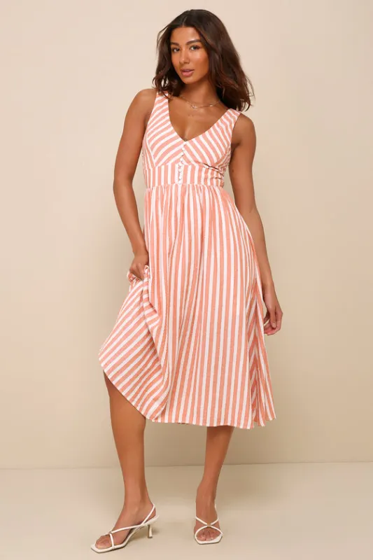 Sun-Kissed Cutie Orange Striped Backless Midi Dress sold by Lulus