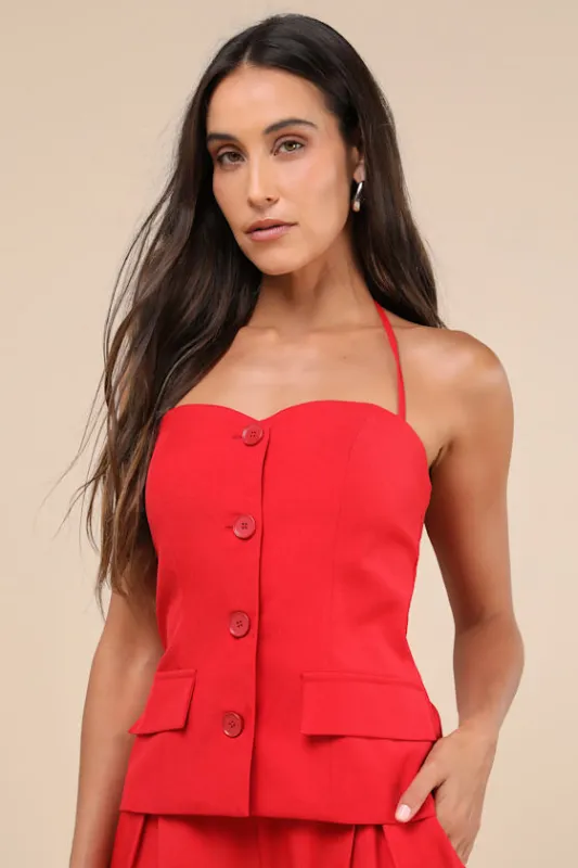 Anastasia Red Button-Front Halter Top made by Lulus