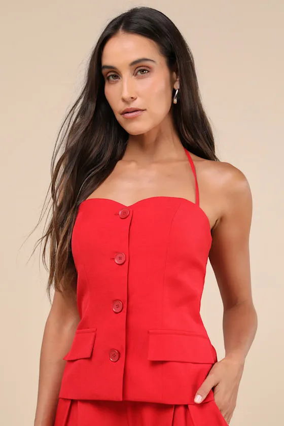 Anastasia Red Button-Front Halter Top sold by Lulus