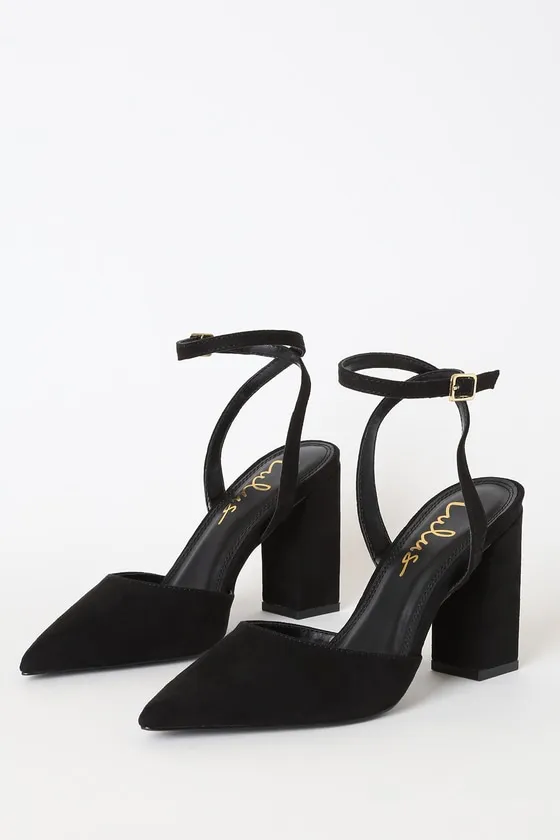 Viki Black Suede Pointed-Toe Ankle Strap Pumps sold by Lulus