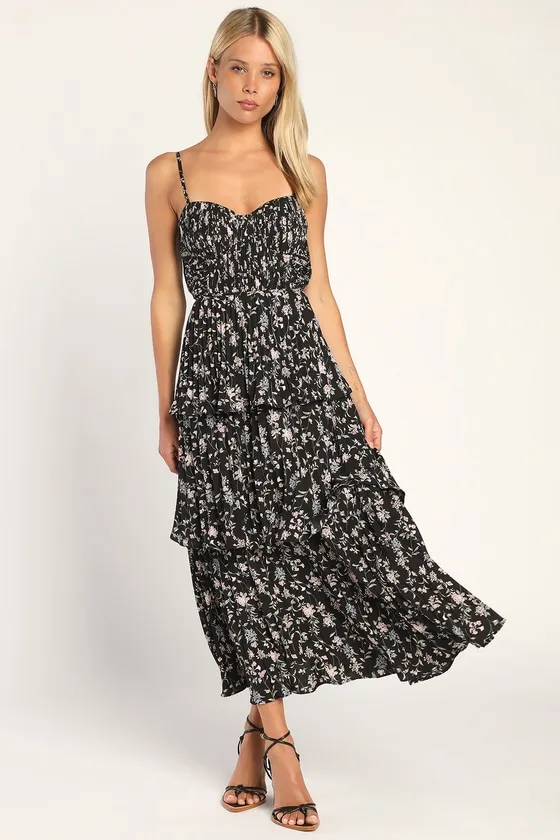 Cascading Crush Black Floral Print Tiered Bustier Midi Dress sold by Lulus