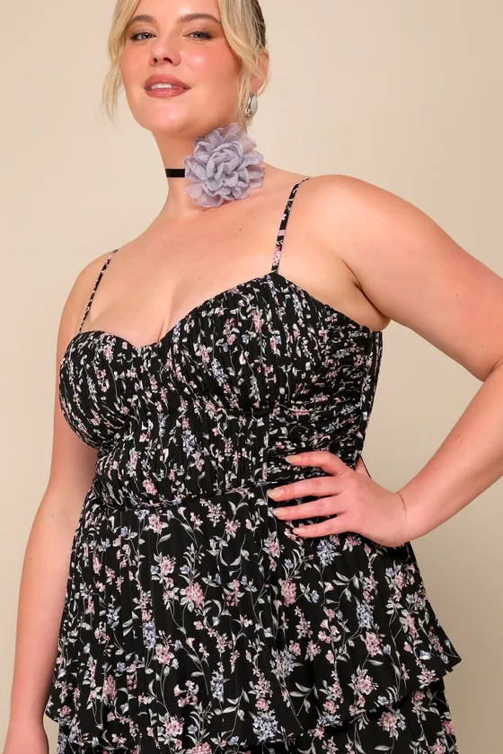 Cascading Crush Black Floral Print Tiered Bustier Midi Dress sold by Lulus product image thumbnail 2