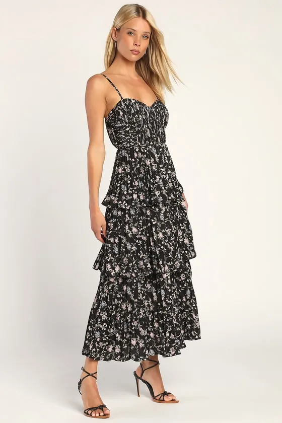 Cascading Crush Black Floral Print Tiered Bustier Midi Dress sold by Lulus product image thumbnail 4
