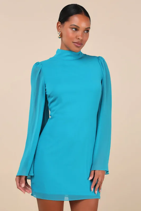 Guaranteed Chicness Teal Blue Mock Neck Mini Dress sold by Lulus