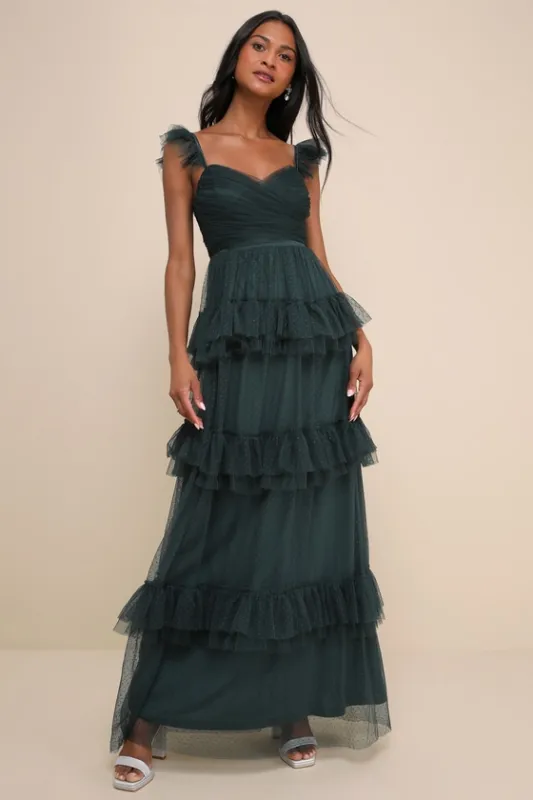 Pure Radiance Emerald Green Mesh Swiss Dot Tiered Maxi Dress sold by Lulus