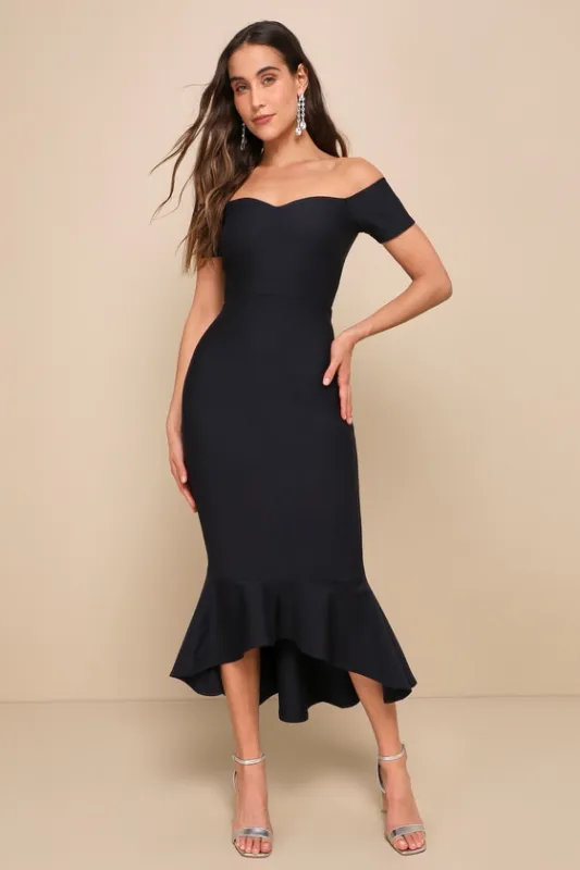 How Much I Care Midnight Blue Off-the-Shoulder Midi Dress sold by Lulus