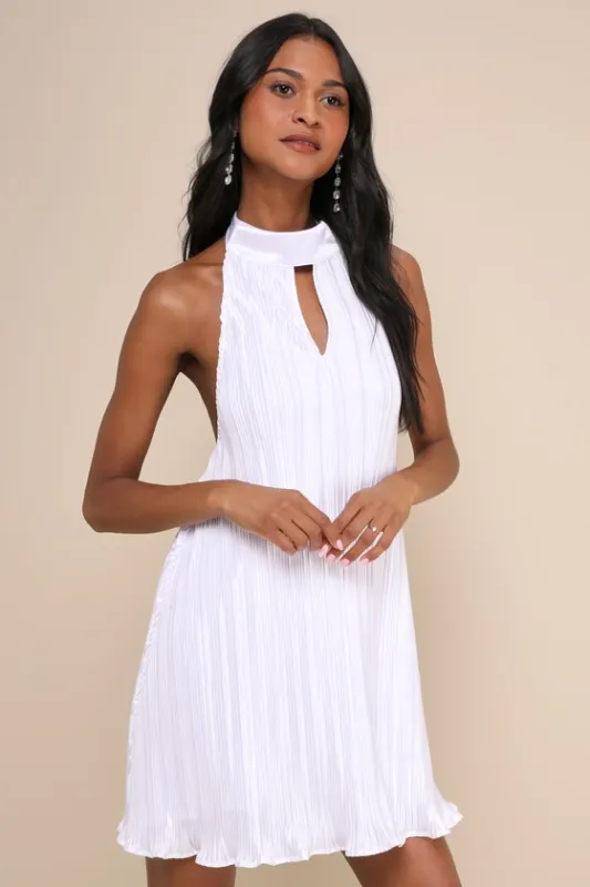 Pretty Aura White Satin Plisse Mock Neck Mini Swing Dress sold by Lulus