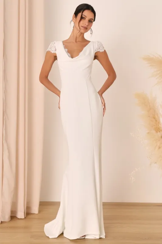 Forever Beloved White Lace Cap Sleeve Mermaid Maxi Dress sold by Lulus