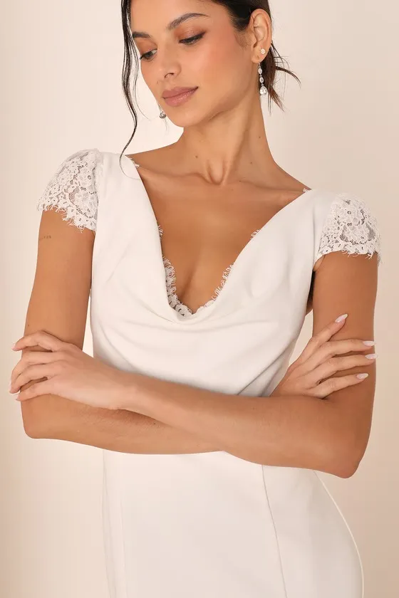 Forever Beloved White Lace Cap Sleeve Mermaid Maxi Dress sold by Lulus product image thumbnail 2