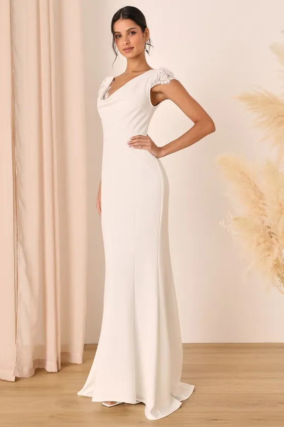 Forever Beloved White Lace Cap Sleeve Mermaid Maxi Dress sold by Lulus product image thumbnail 3