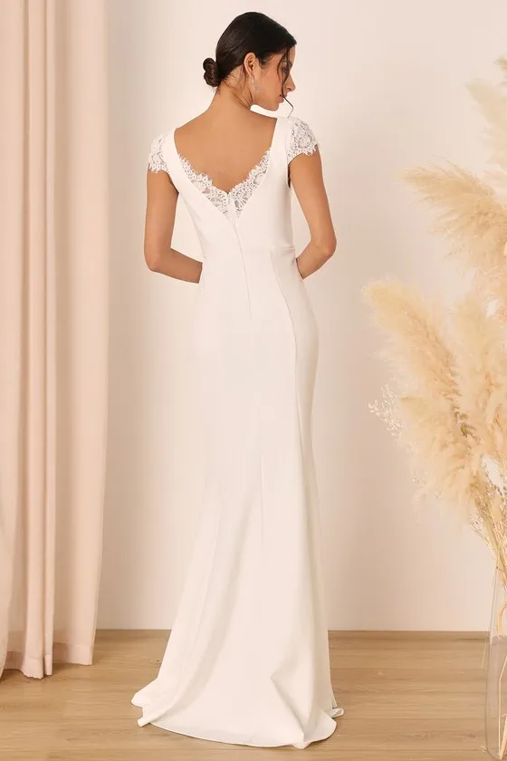 Forever Beloved White Lace Cap Sleeve Mermaid Maxi Dress sold by Lulus product image thumbnail 4