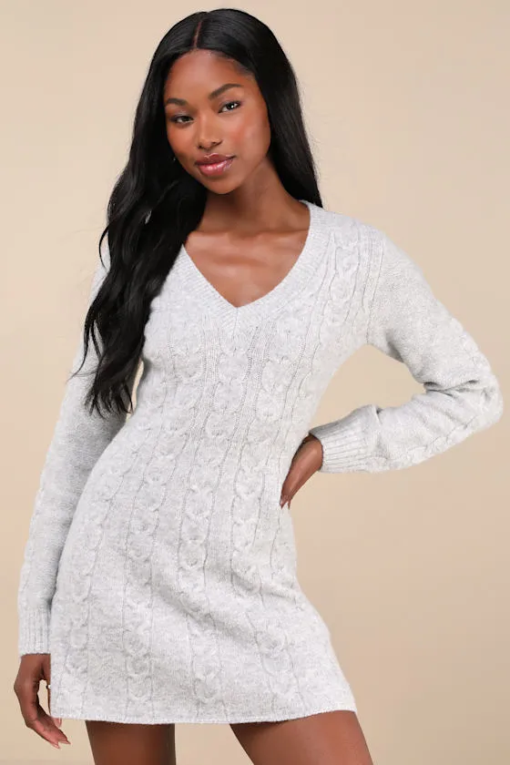 Snuggly Chic Grey Cable Knit Long Sleeve Sweater Mini Dress sold by Lulus