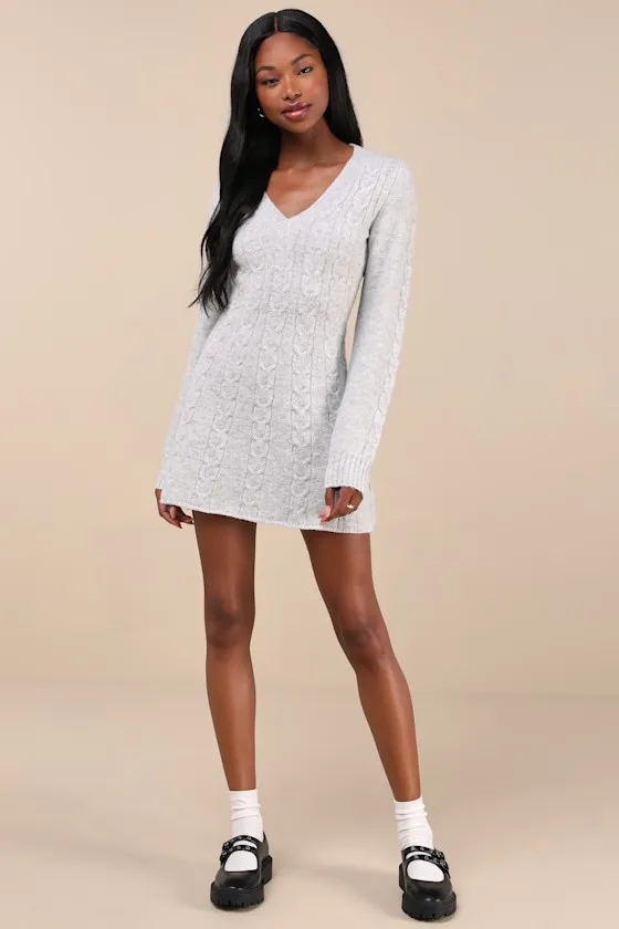 Snuggly Chic Grey Cable Knit Long Sleeve Sweater Mini Dress sold by Lulus product image thumbnail 3