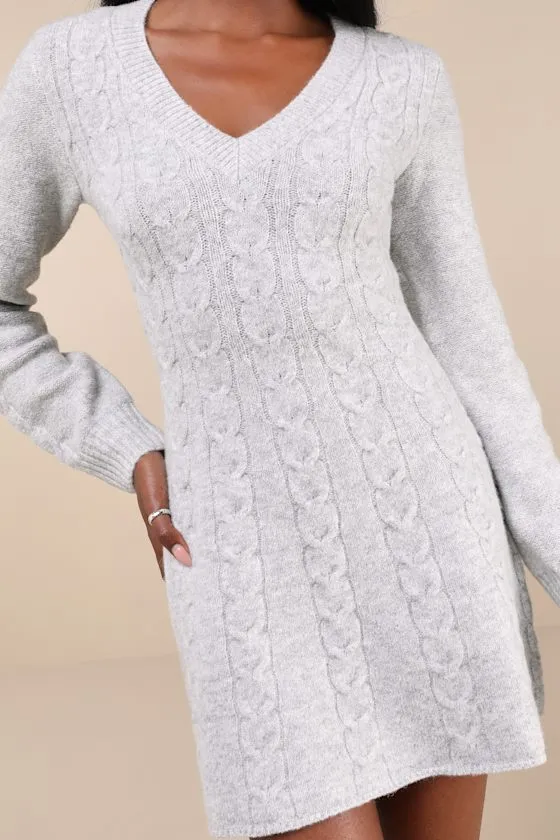 Snuggly Chic Grey Cable Knit Long Sleeve Sweater Mini Dress sold by Lulus product image thumbnail 4