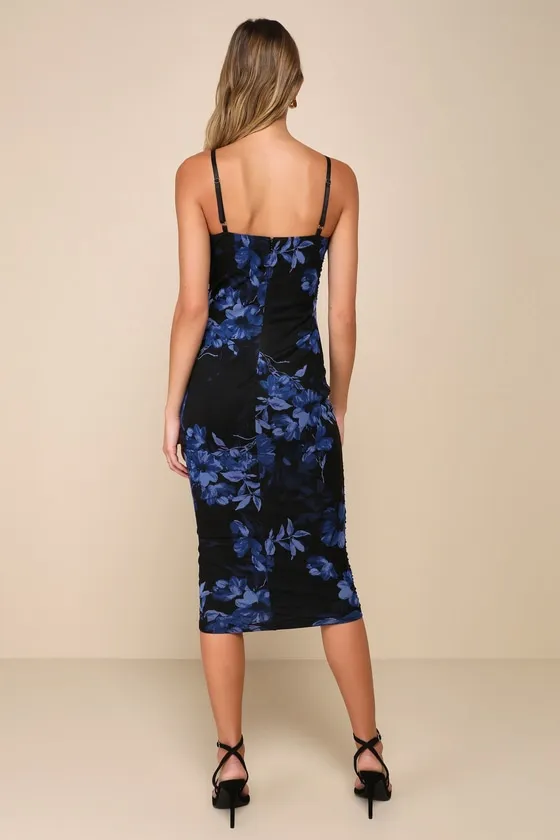 Date Night Beauty Black Floral Print Mesh Ruched Midi Dress sold by Lulus product image thumbnail 3