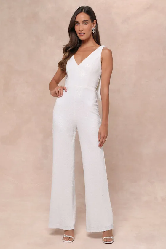 Feeling Sparkly White Sequin Bow Wide-Leg Jumpsuit sold by Lulus