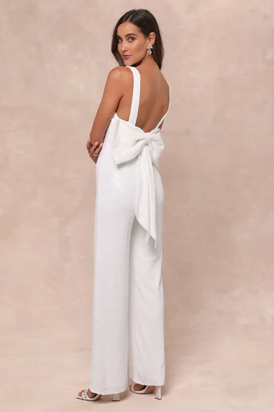 Feeling Sparkly White Sequin Bow Wide-Leg Jumpsuit sold by Lulus product image thumbnail 2
