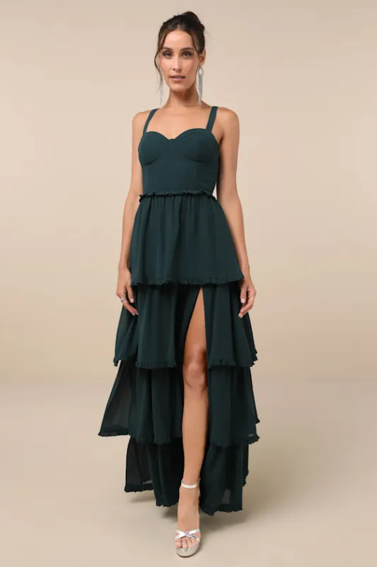 Sophisticated Occasion Emerald Green Bustier Lace-Up Maxi Dress sold by Lulus