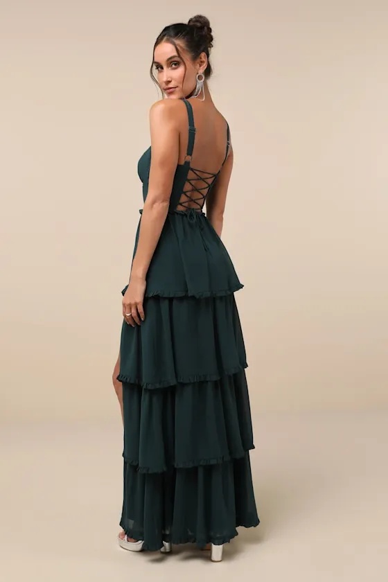 Sophisticated Occasion Emerald Green Bustier Lace-Up Maxi Dress sold by Lulus product image thumbnail 2