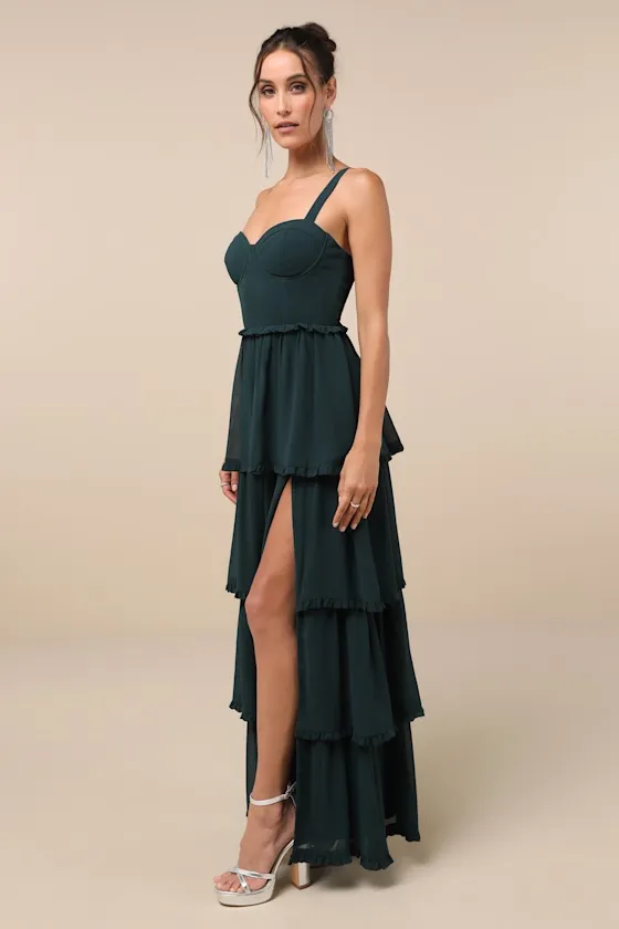 Sophisticated Occasion Emerald Green Bustier Lace-Up Maxi Dress sold by Lulus product image thumbnail 3
