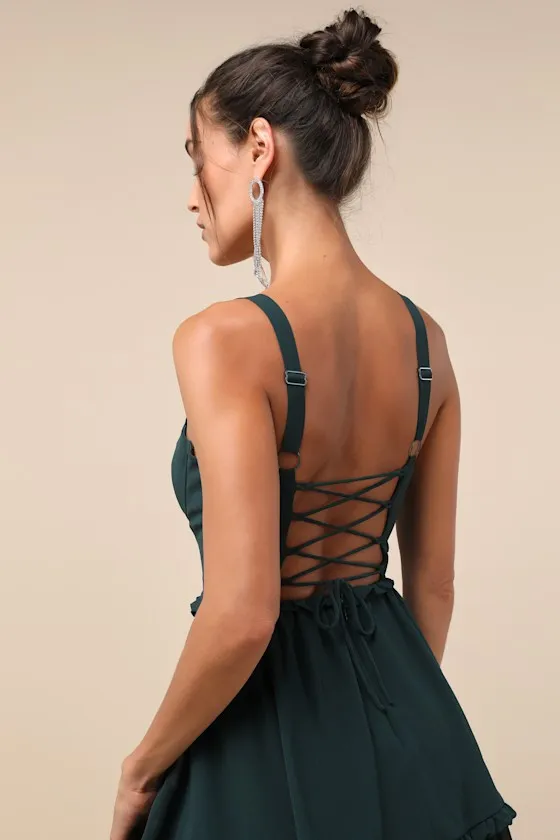 Sophisticated Occasion Emerald Green Bustier Lace-Up Maxi Dress sold by Lulus product image thumbnail 4