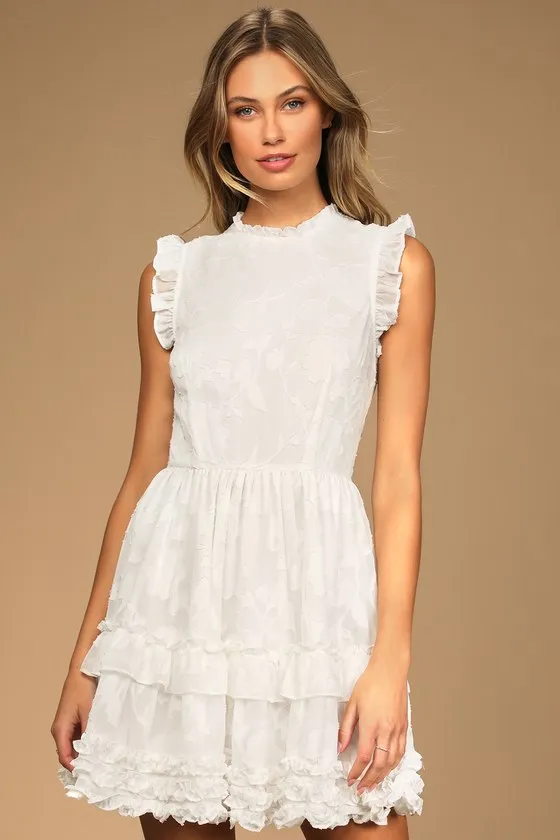 True as Can Be White Burnout Floral Ruffled Mini Dress sold by Lulus