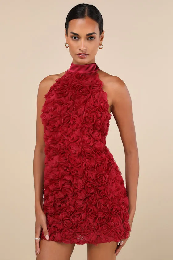 Extraordinary Being Wine Red 3D Rosette Mock Neck Mini Dress sold by Lulus
