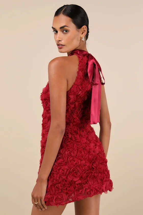 Extraordinary Being Wine Red 3D Rosette Mock Neck Mini Dress sold by Lulus product image thumbnail 2