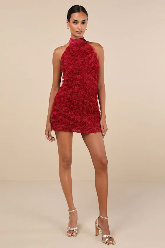 Extraordinary Being Wine Red 3D Rosette Mock Neck Mini Dress sold by Lulus product image thumbnail 3