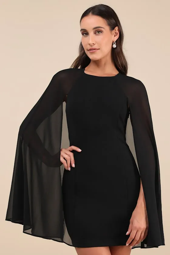 Captivating Drama Black Cape Sleeve Mini Dress sold by Lulus
