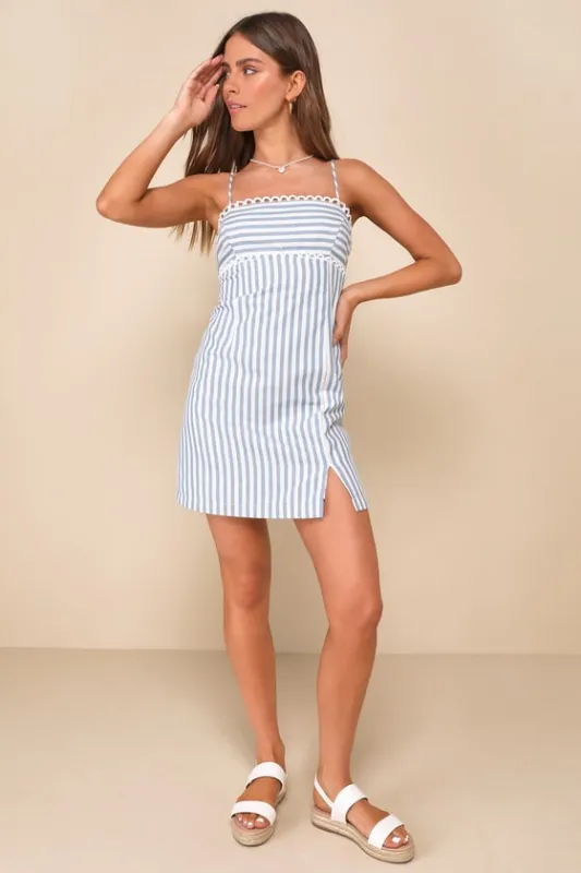 Cruising Capri Blue & White Striped Cotton Tie-Back Mini Dress sold by Lulus