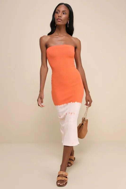 Outstanding Cutie Orange Ombre Ribbed Strapless Midi Dress sold by Lulus