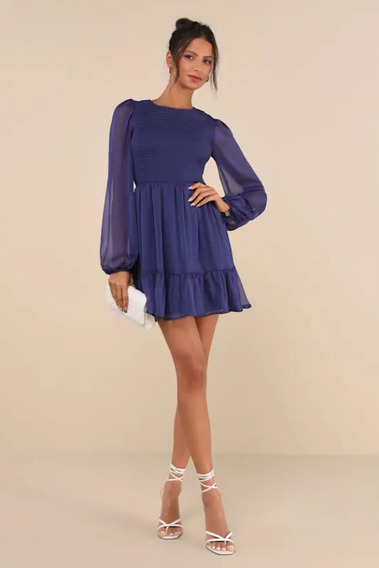 Simply the Sweetest Dark Blue Long Sleeve Smocked Mini Dress sold by Lulus