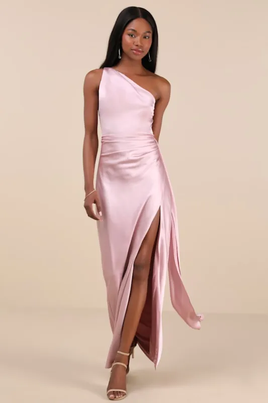 Signature Elegance Blush Satin One-Shoulder Maxi Dress sold by Lulus