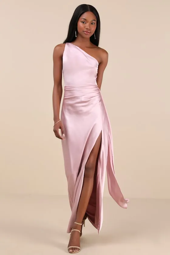 Signature Elegance Blush Satin One-Shoulder Maxi Dress sold by Lulus