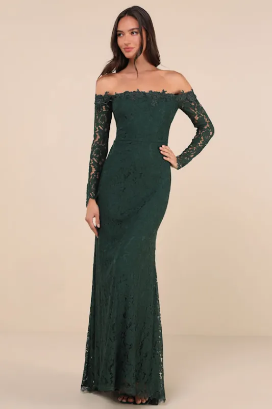Romance Dreamer Green Lace Off-the-Shoulder Maxi Dress sold by Lulus
