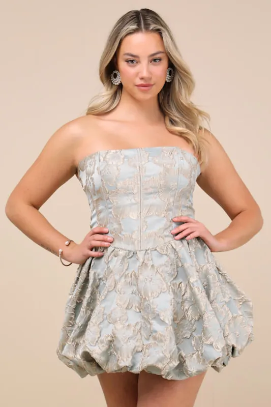 Delightful Dreamer Light Blue Jacquard Bubble-Hem Mini Dress sold by Lulus