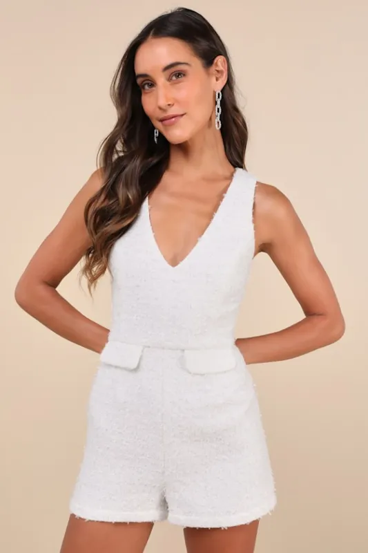 Compelling Moment White Boucle Lurex Sleeveless Romper sold by Lulus