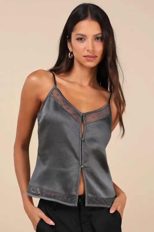 Sleek Cutie Dark Grey Satin Lace Button-Front Cami Top sold by Lulus