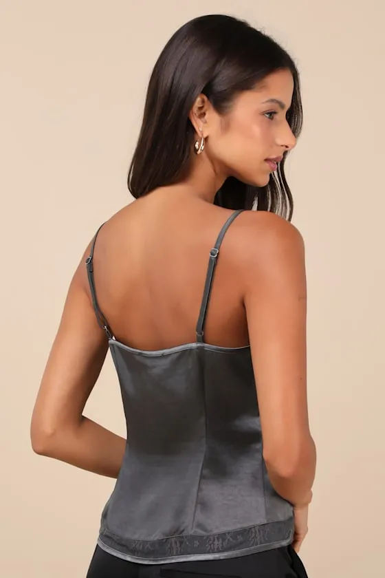 Sleek Cutie Dark Grey Satin Lace Button-Front Cami Top sold by Lulus product image thumbnail 2