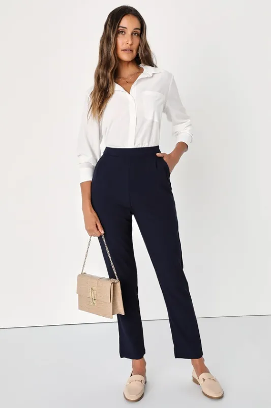 Kick It Navy Blue High-Waisted Trouser Pants sold by Lulus