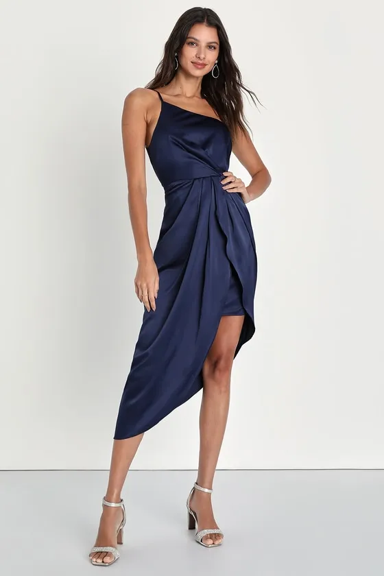 Law of Attraction Navy Blue One-Shoulder Asymmetrical Midi Dress sold by Lulus